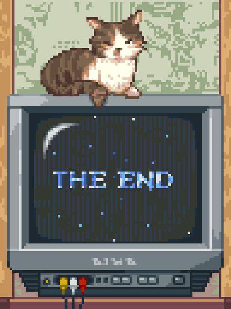 Кот сидит на телевизоре с надписью 'The End'